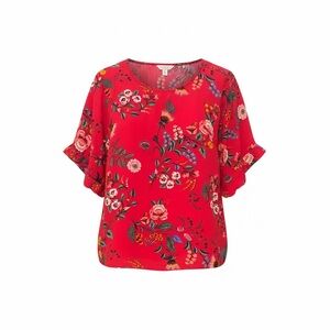 Monsoon Womens Curvy Floral Red Top Sz 16 1X Short Sleeve Vibrant Colorful